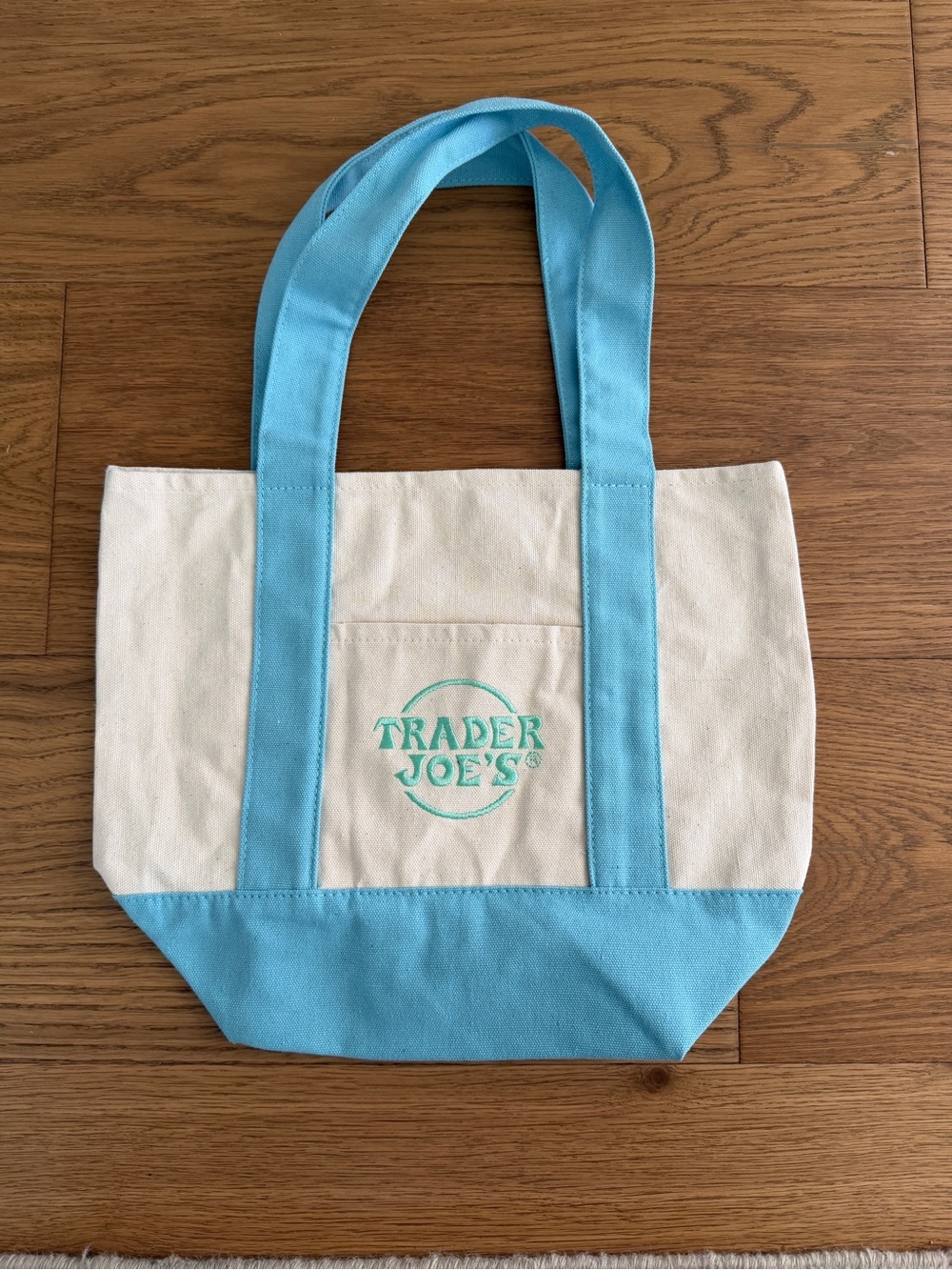 Trader Joe’s mini Canvas Tote Bag in blue and Cream never used but tags are off